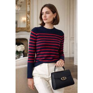 La Ligne Sweater Women M Cashmere Breton Stripe Quiet Luxury Old Money Navy Red